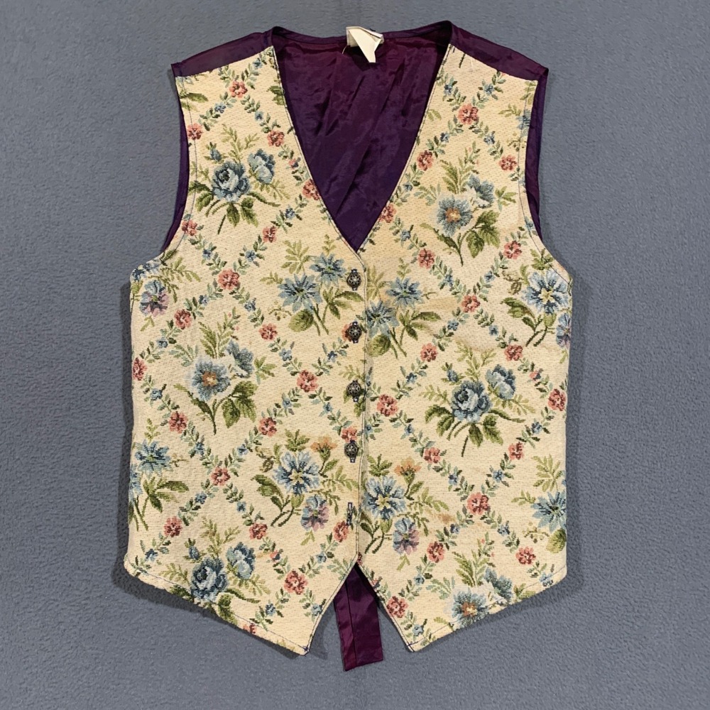 Bobbie Brooks Tapestry Vest Womens Large Floral V-Neck Button Front 90s Vintage